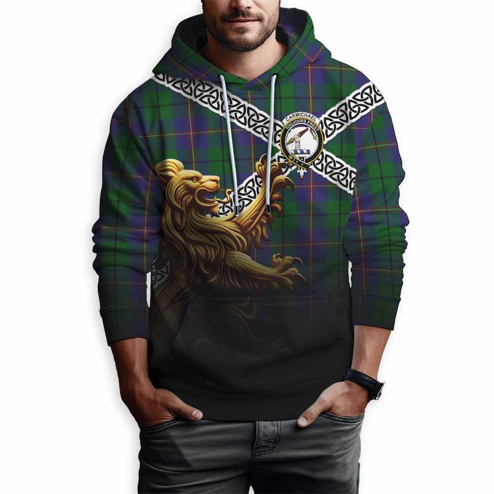 Carmichael Crest Tartan Hoodie with Golden Lion Emblem Celtic Style Pullover Hoodie - Tartan Vibes Clothing