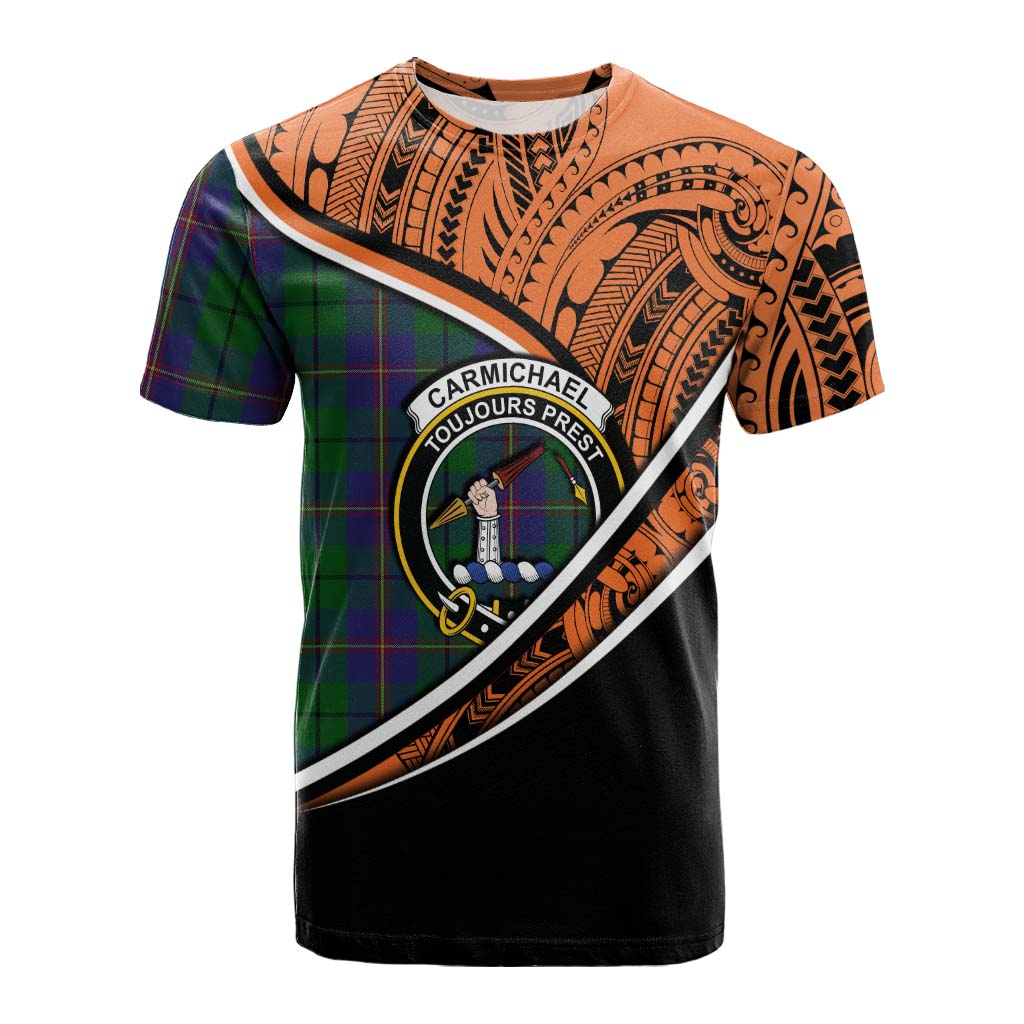 Tartan Vibes Clothing Carmichael Crest Tartan Cotton T-shirt with Maori Tattoo Style - Orange Version