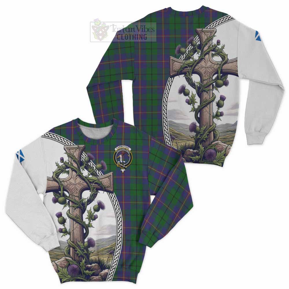 Tartan Vibes Clothing Carmichael Tartan Sweatshirt with Family Crest and St. Andrew's Cross Accented by Thistle Vines