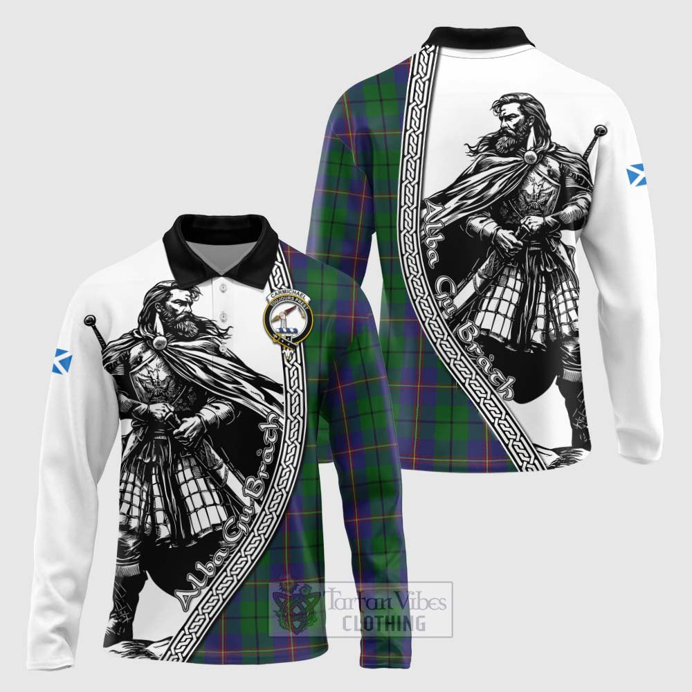 Tartan Vibes Clothing Carmichael Tartan Clan Crest Long Sleeve Polo Shirt with Highlander Warrior Celtic Style