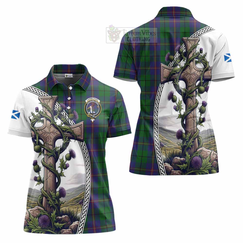 Tartan Vibes Clothing Carmichael Tartan Women's Polo Shirt with Family Crest and St. Andrew's Cross Accented by Thistle Vines