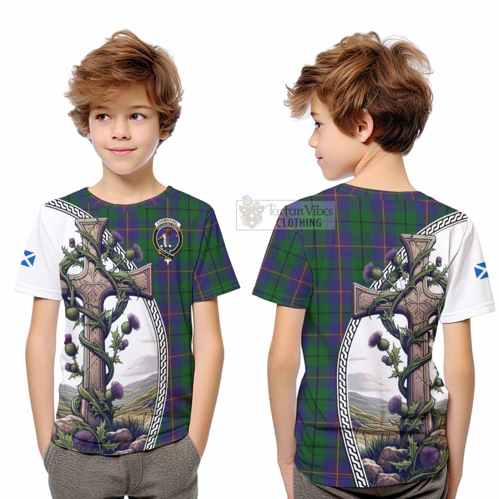 Tartan Vibes Clothing Carmichael Tartan Kid T-Shirt with Family Crest and St. Andrew's Cross Accented by Thistle Vines