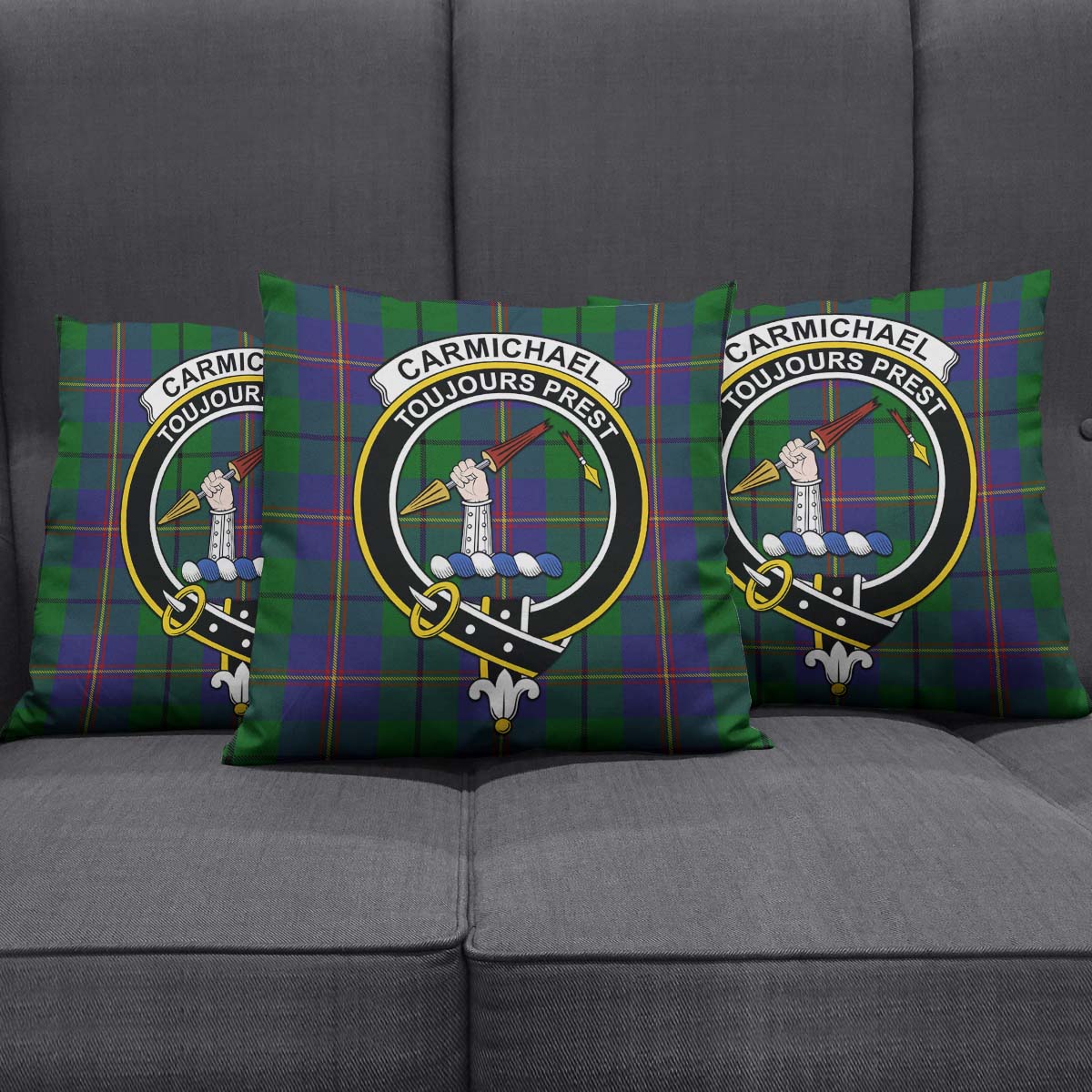 Carmichael Tartan Pillow Cover with Family Crest Square Pillow Cover - Tartanvibesclothing