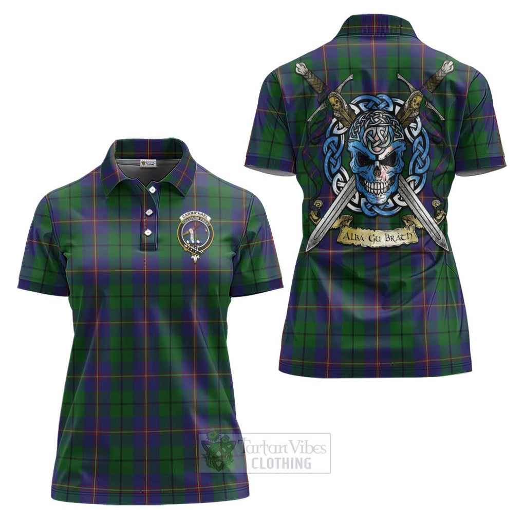 Tartan Vibes Clothing Carmichael Tartan Women's Polo Shirt with Family Crest Celtic Skull Style