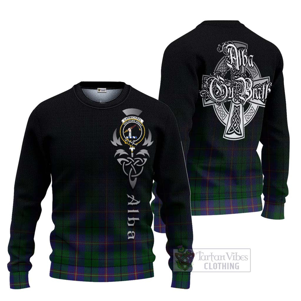 Tartan Vibes Clothing Carmichael Tartan Knitted Sweater Featuring Alba Gu Brath Family Crest Celtic Inspired