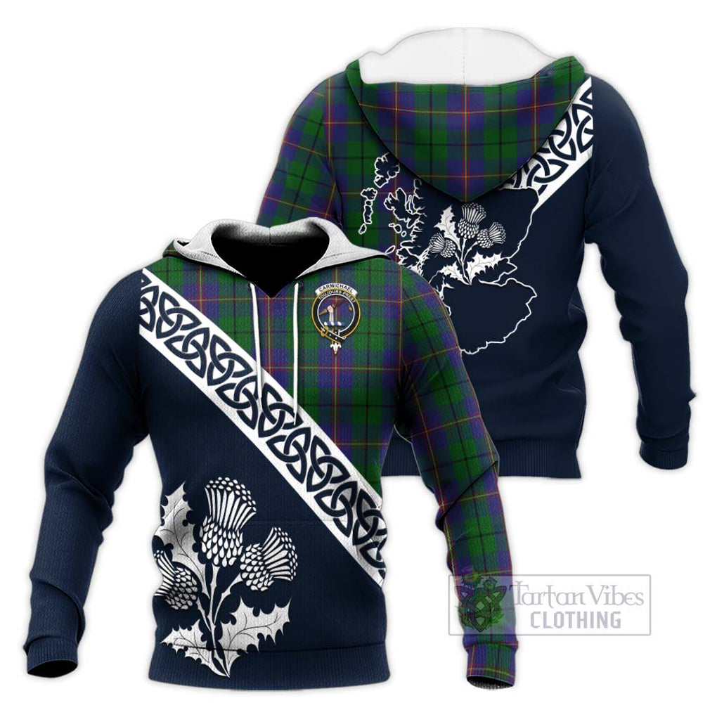 Tartan Vibes Clothing Carmichael Tartan Knitted Hoodie Featuring Thistle and Scotland Map