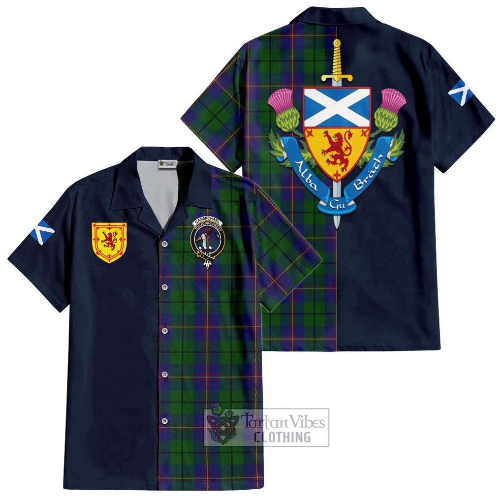Carmichael Tartan Hawaiian Shirt Alba with Scottish Lion Royal Arm Half Style Kid - Tartan Vibes Clothing