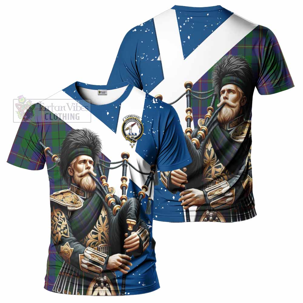 Tartan Vibes Clothing Carmichael Tartan T-Shirt with Family Crest Scottish Bagpiper Vibes