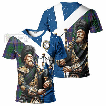 Carmichael Tartan T-Shirt with Family Crest Scottish Bagpiper Vibes