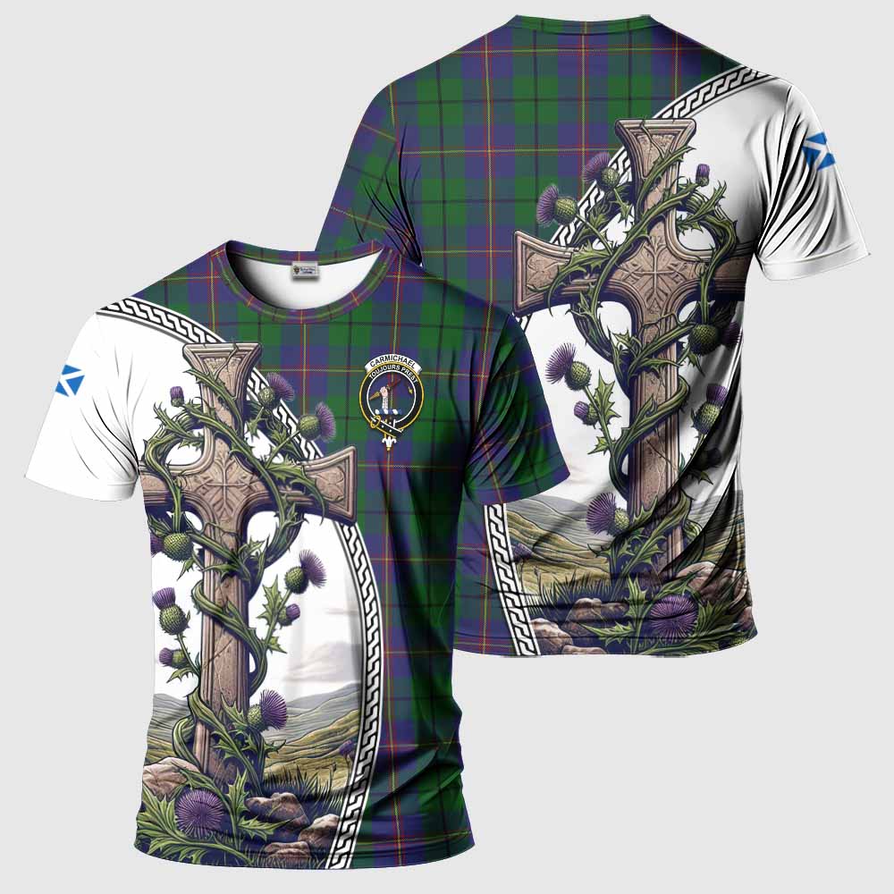 Tartan Vibes Clothing Carmichael Agnew Tartan T-Shirt with Family Crest and St. Andrew's Cross Accented by Thistle Vines