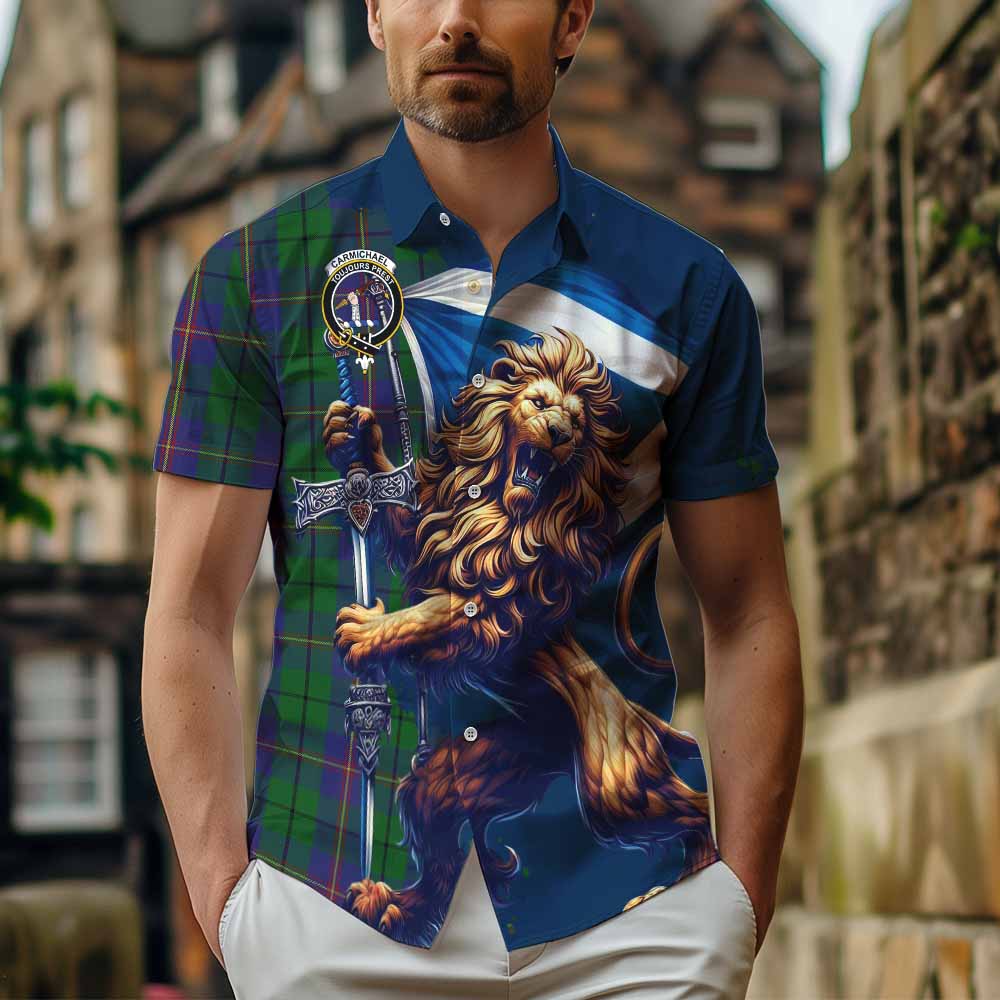 Tartan Vibes Clothing Carmichael Tartan Family Crest Short Sleeve Button Shirt with Scottish Majestic Lion