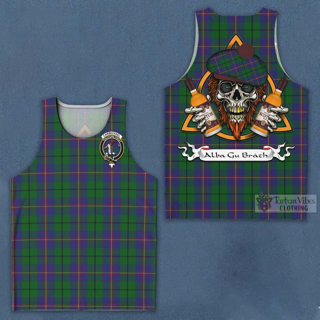 Tartan Vibes Clothing Carmichael Tartan Men's Tank Top with Family Crest and Bearded Skull Holding Bottles of Whiskey