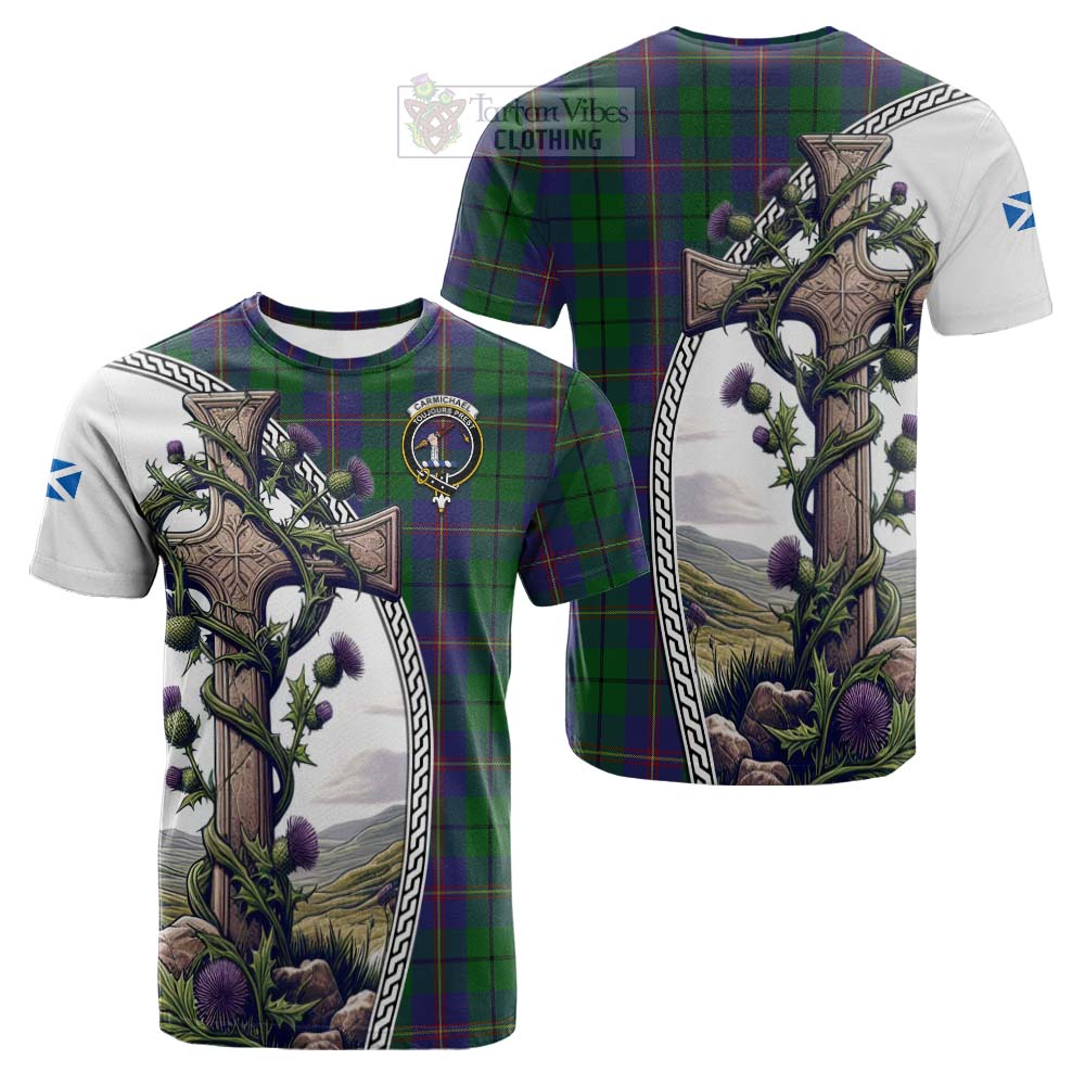 Tartan Vibes Clothing Carmichael Tartan Cotton T-shirt with Family Crest and St. Andrew's Cross Accented by Thistle Vines