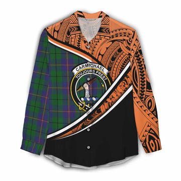 Carmichael Crest Tartan Women's Casual Shirt with Polynesian Vibes Style - Orange Version