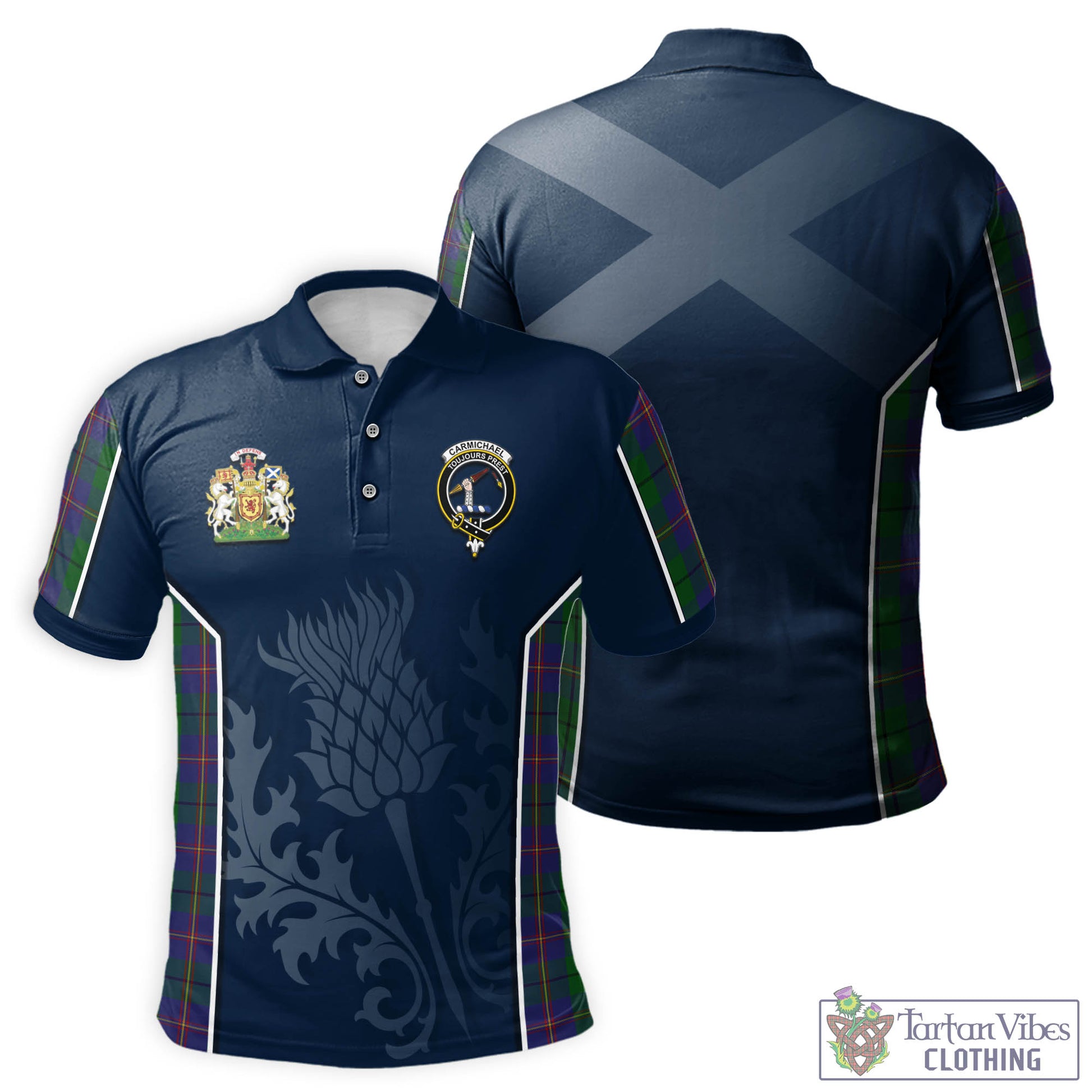 Tartan Vibes Clothing Carmichael Tartan Men's Polo Shirt with Family Crest and Scottish Thistle Vibes Sport Style