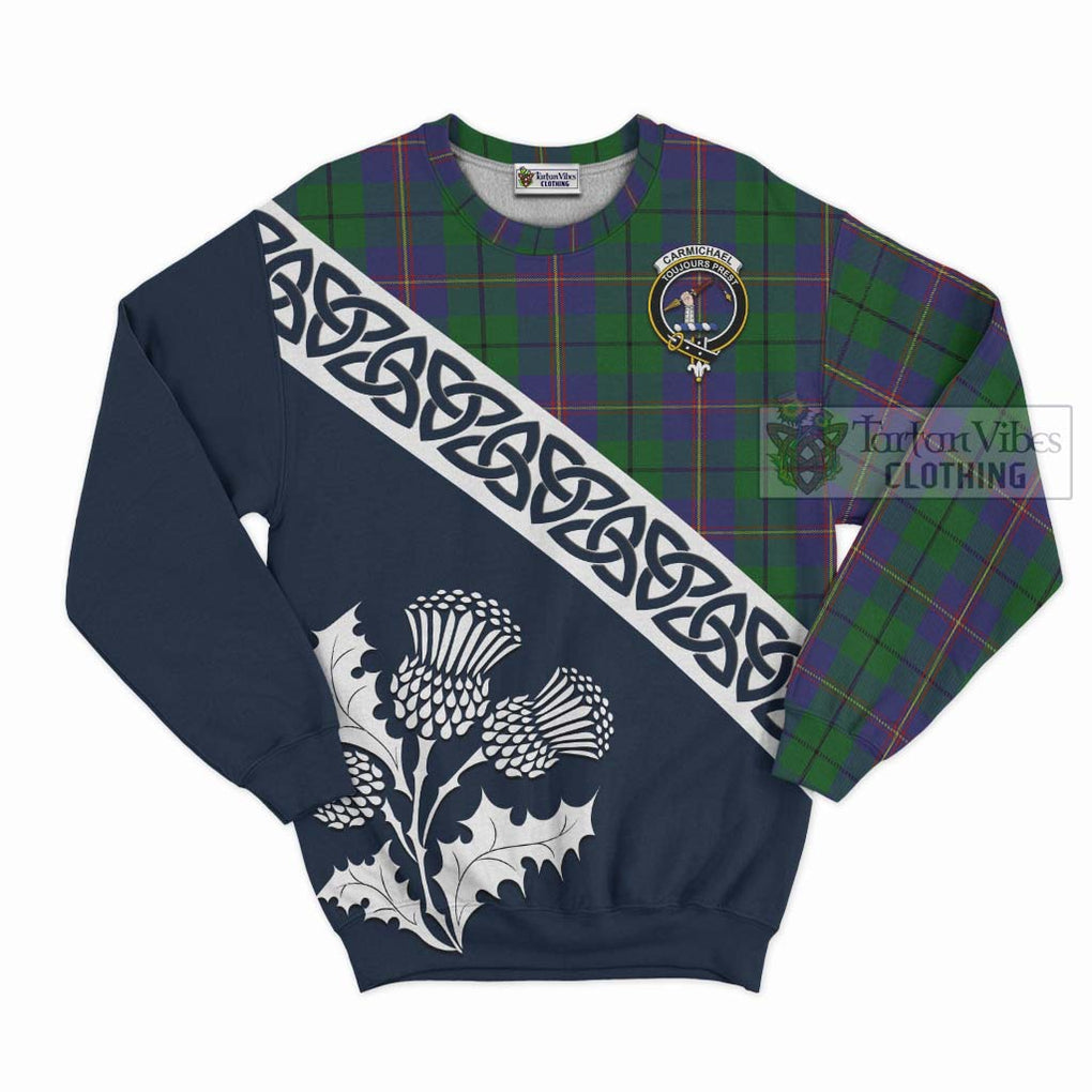 Tartan Vibes Clothing Carmichael Tartan Sweatshirt Featuring Thistle and Scotland Map