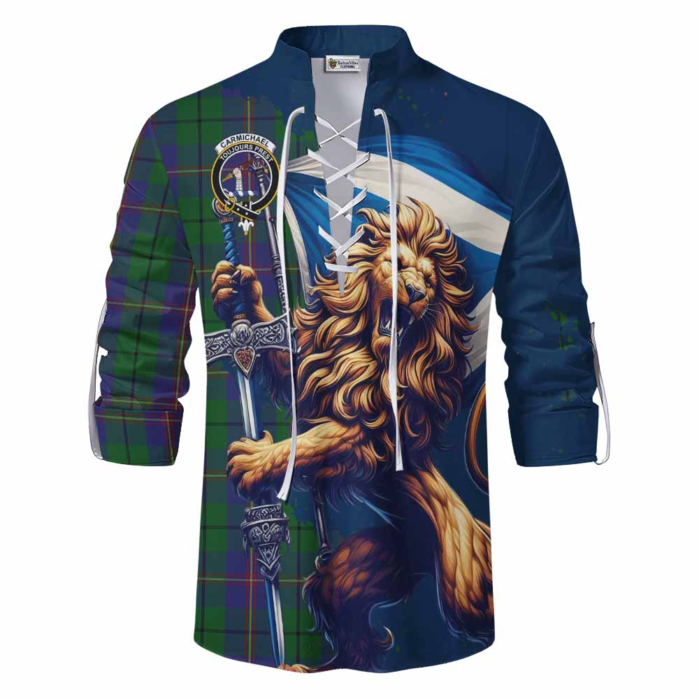 Tartan Vibes Clothing Carmichael Tartan Family Crest Ghillie Kilt Shirt with Scottish Majestic Lion