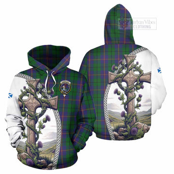 Carmichael Tartan Hoodie with Family Crest and St. Andrew's Cross Accented by Thistle Vines