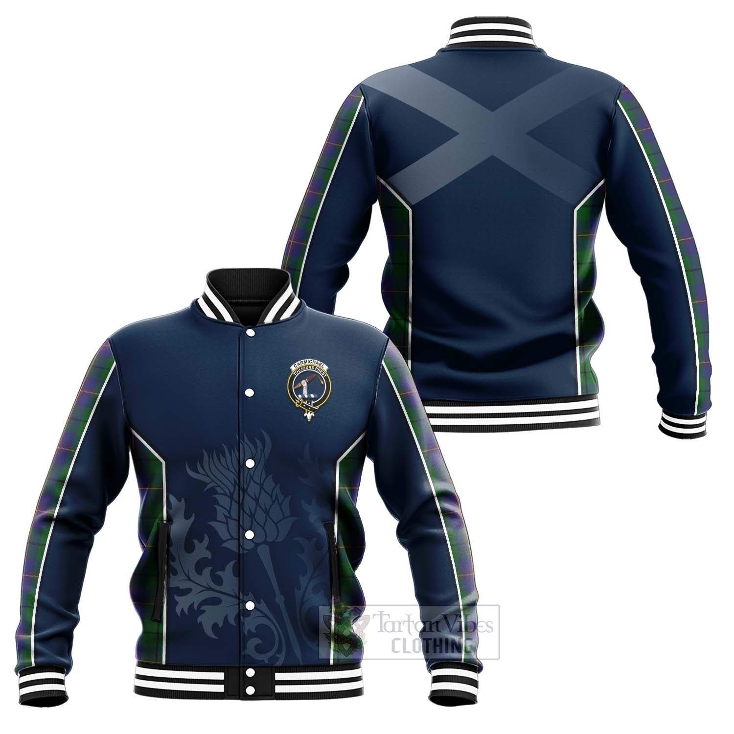 Carmichael Tartan Baseball Jacket with Family Crest and Scottish Thistle Vibes Sport Style Unisex - Tartan Vibes Clothing