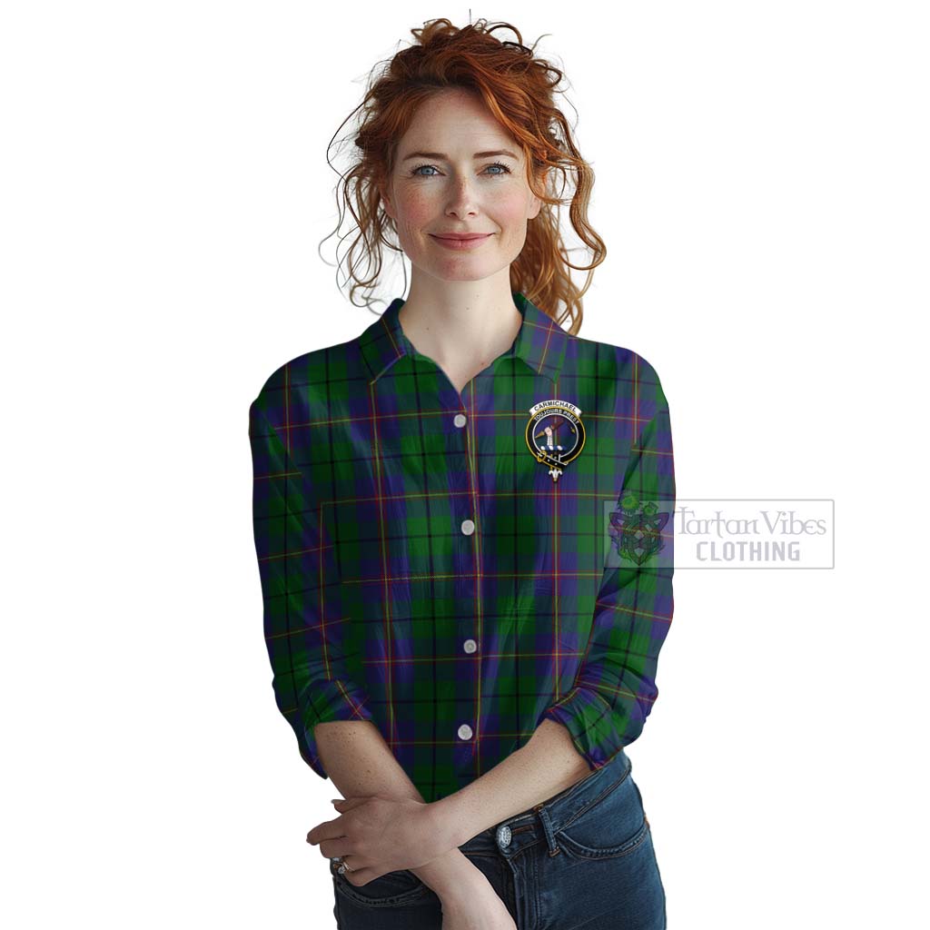 Tartan Vibes Clothing Carmichael Tartan Women's Casual Shirt with Family Crest and Bearded Skull Holding Bottles of Whiskey