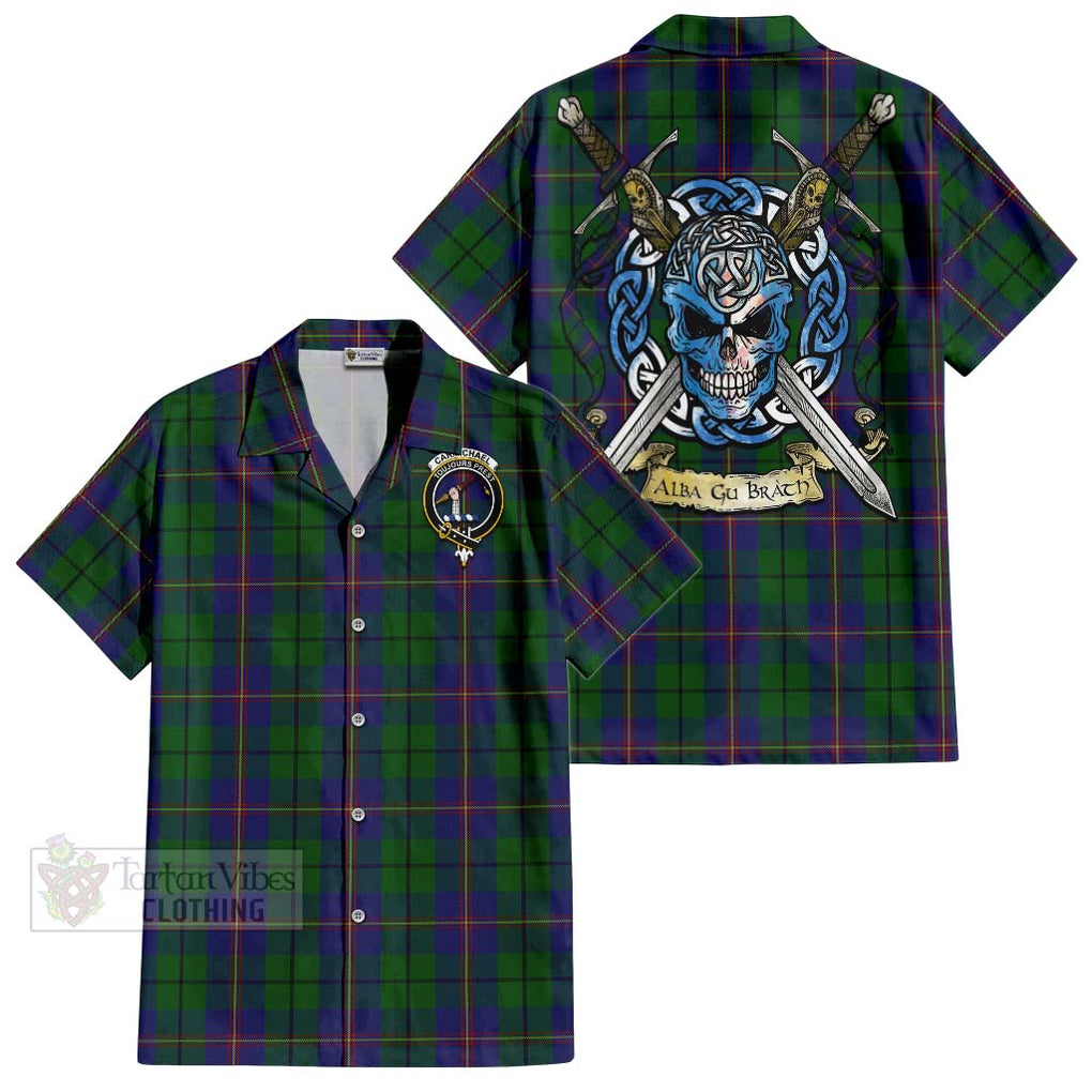 Tartan Vibes Clothing Carmichael Tartan Short Sleeve Button Shirt with Family Crest Celtic Skull Style