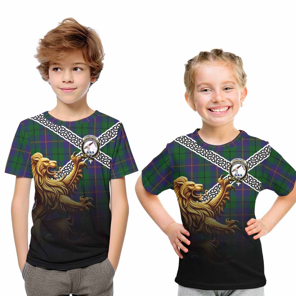 Carmichael Crest Tartan Kid T-Shirt with Golden Lion Emblem Celtic Style Youth XL Size14 - Tartan Vibes Clothing