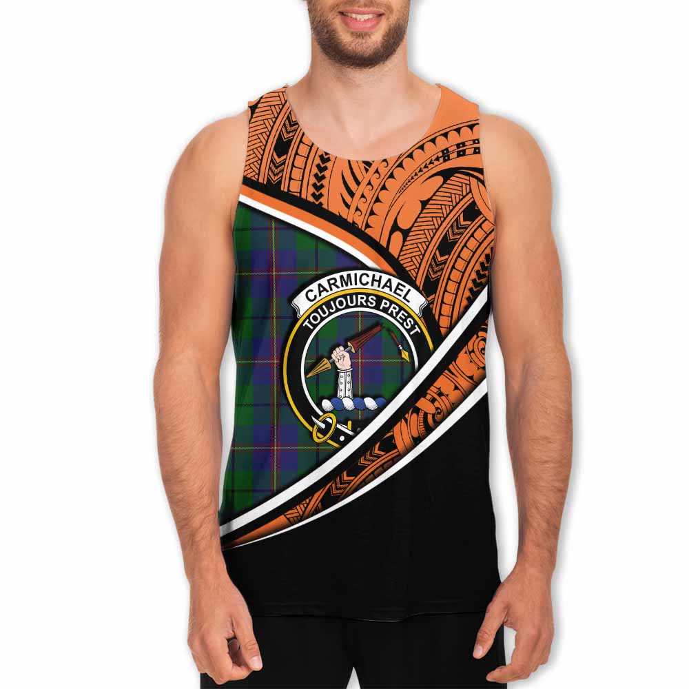 Tartan Vibes Clothing Carmichael Crest Tartan Men's Tank Top with Maori Tattoo Style - Orange Version