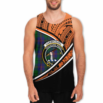 Carmichael Crest Tartan Men's Tank Top with Polynesian Vibes Style - Orange Version