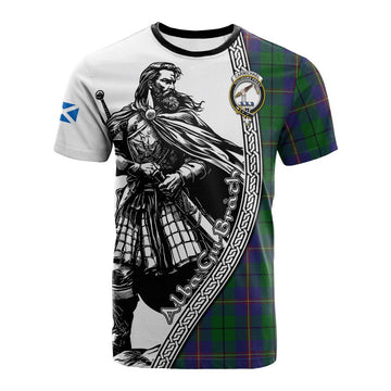 Carmichael Tartan Clan Crest Cotton T-shirt with Highlander Warrior Celtic Style