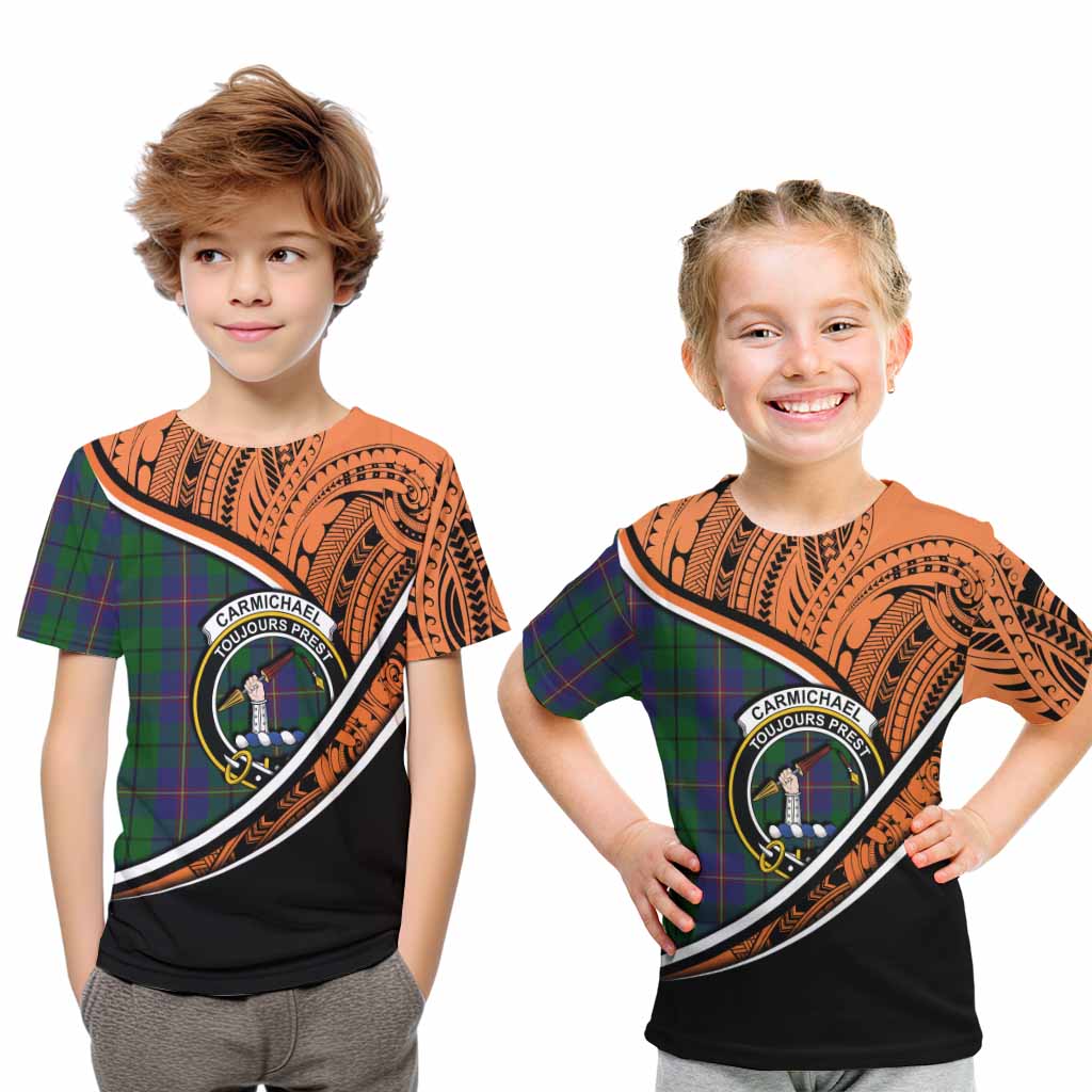 Tartan Vibes Clothing Carmichael Crest Tartan Kid T-Shirt with Maori Tattoo Style - Orange Version