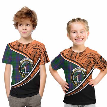 Carmichael Crest Tartan Kid T-Shirt with Polynesian Vibes Style - Orange Version