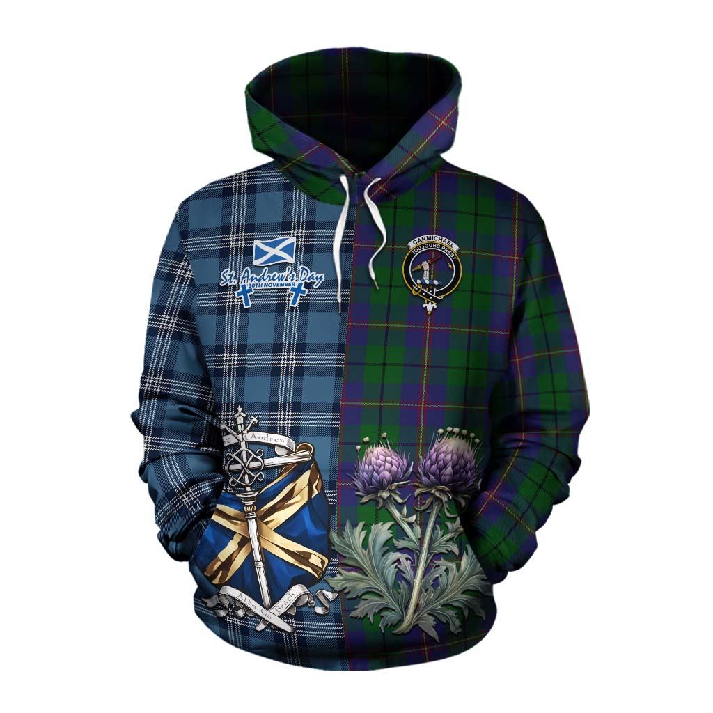 Tartan Vibes Clothing Carmichael Tartan Cotton Hoodie Happy St. Andrew's Day Half Tartan Style