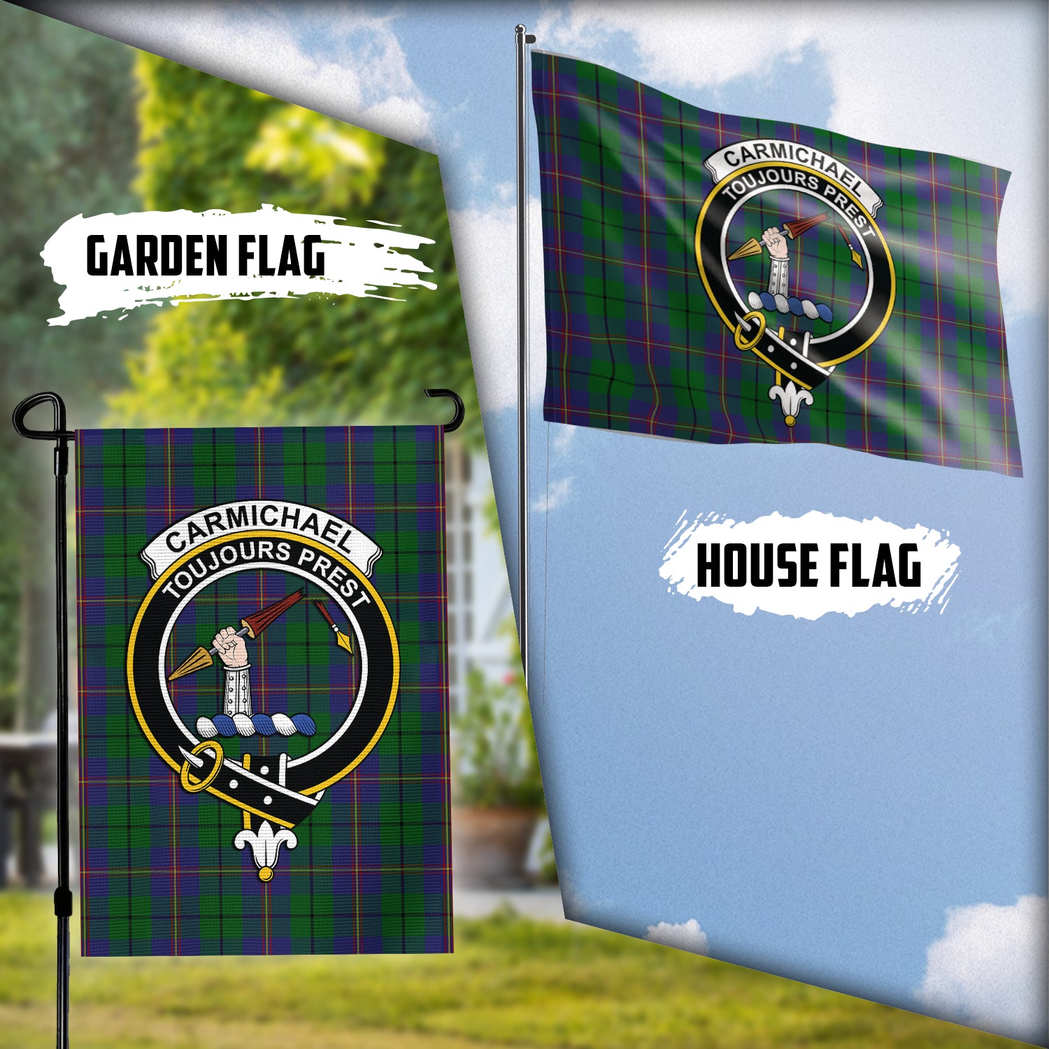 Carmichael Tartan Flag with Family Crest Garden Flag (Vertical) - Tartan Vibes Clothing