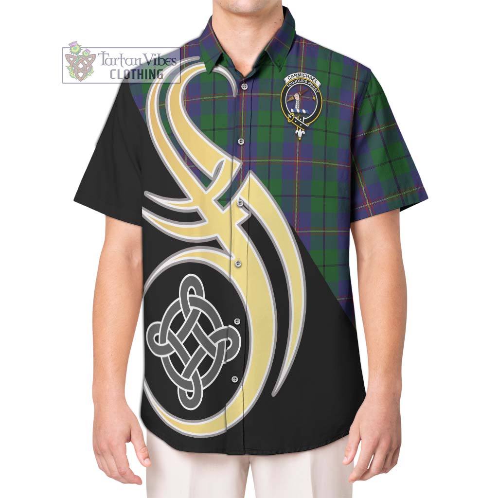 Carmichael Tartan Short Sleeve Button Shirt with Family Crest and Celtic Symbol Style Kid - Tartan Vibes Clothing