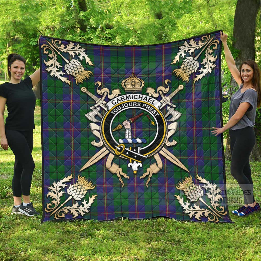 Tartan Vibes Clothing Carmichael Tartan Quilt with Family Crest and Scottish Golden Courage Shield