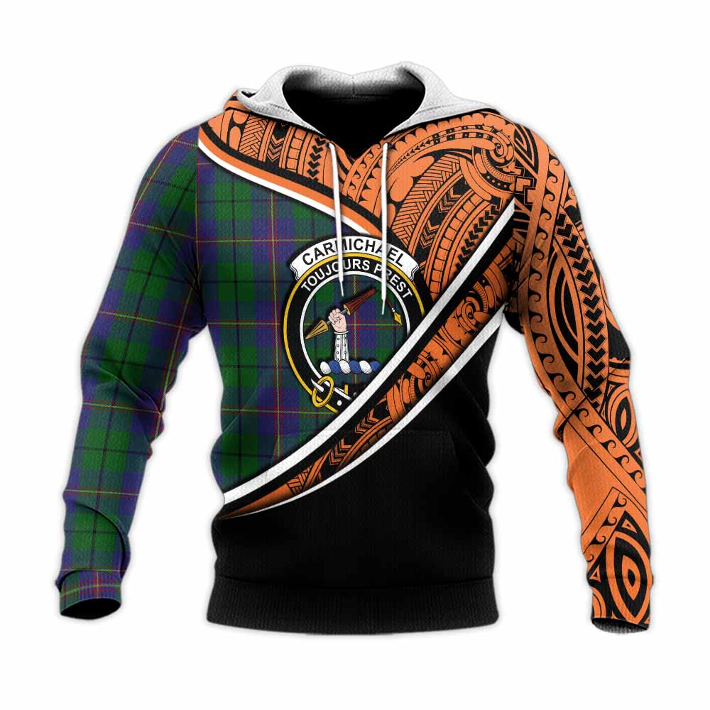 Tartan Vibes Clothing Carmichael Crest Tartan Knitted Hoodie with Maori Tattoo Style - Orange Version