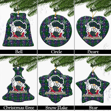 Carmichael Tartan Christmas Ceramic Ornaments with Scottish Gnome Playing Bagpipes