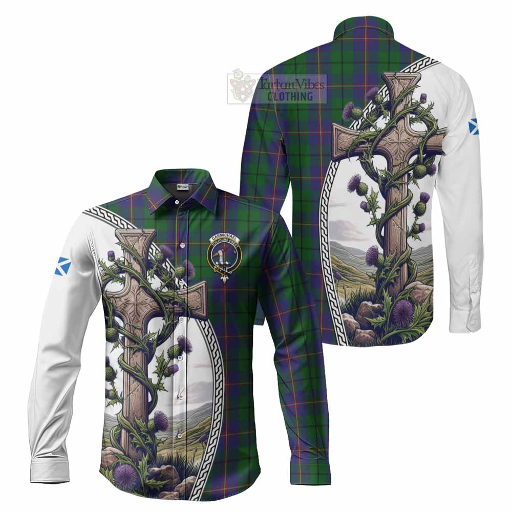 Tartan Vibes Clothing Carmichael Tartan Long Sleeve Button Shirt with Family Crest and St. Andrew's Cross Accented by Thistle Vines