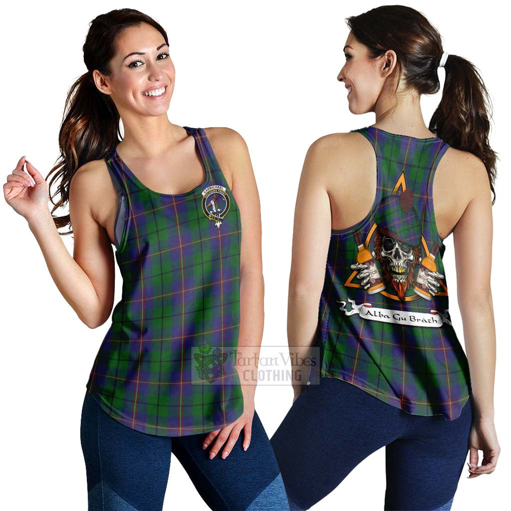 Tartan Vibes Clothing Carmichael Tartan Women's Racerback Tanks with Family Crest and Bearded Skull Holding Bottles of Whiskey