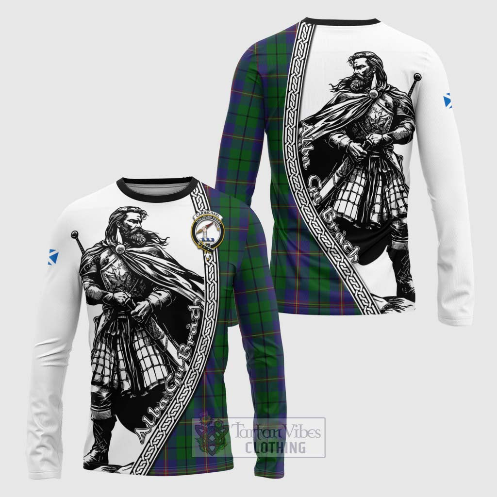 Tartan Vibes Clothing Carmichael Tartan Clan Crest Long Sleeve T-Shirt with Highlander Warrior Celtic Style