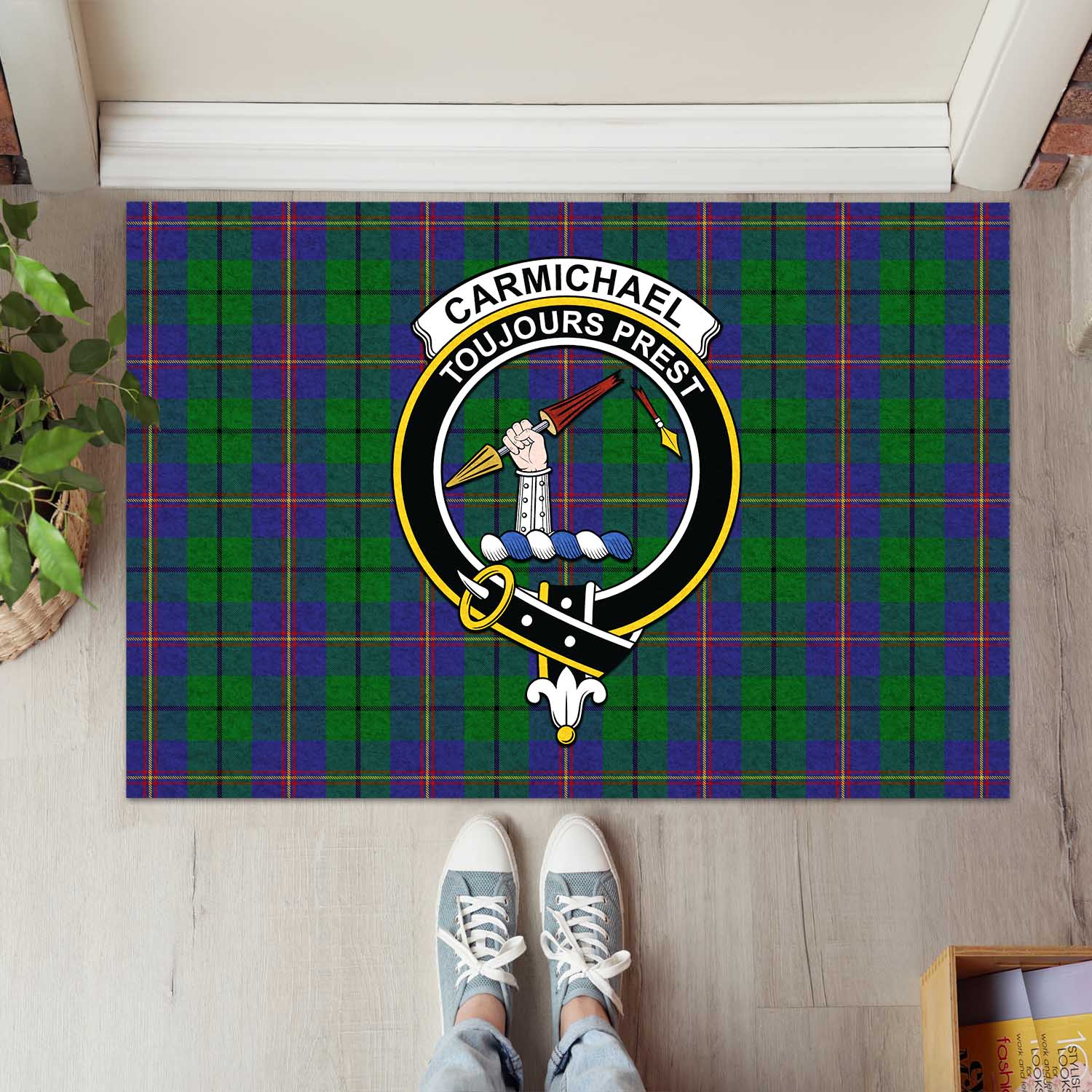 Carmichael Tartan Door Mat with Family Crest - Tartanvibesclothing