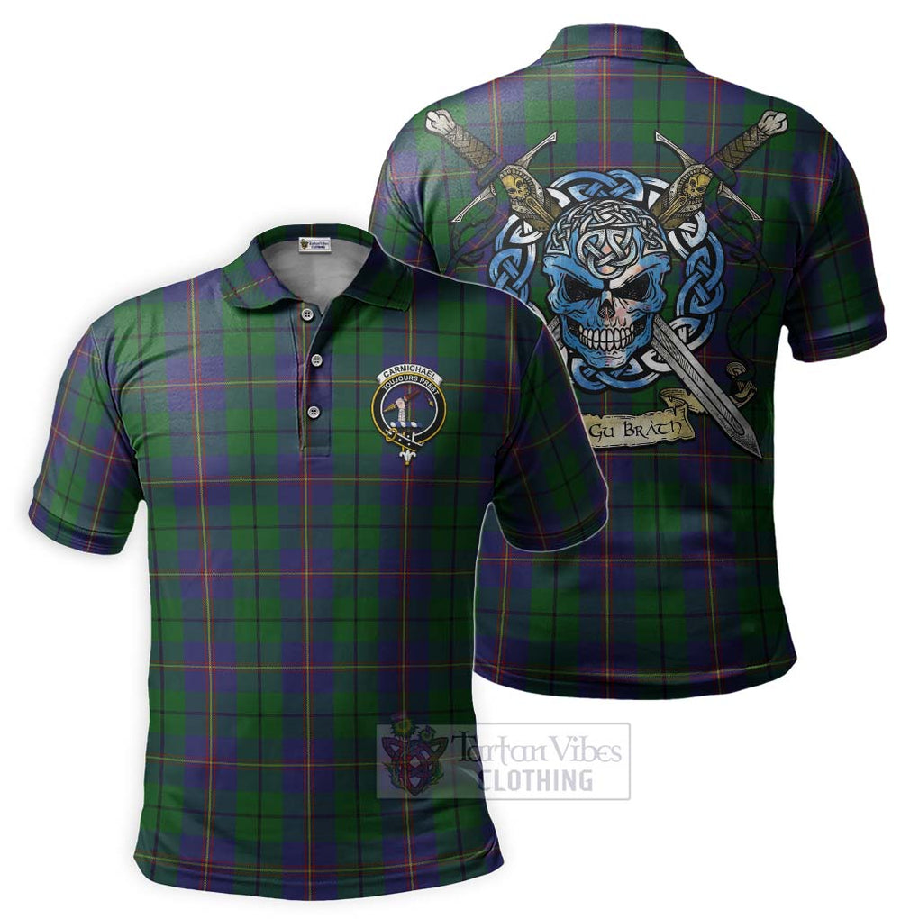 Tartan Vibes Clothing Carmichael Tartan Polo Shirt with Family Crest Celtic Skull Style