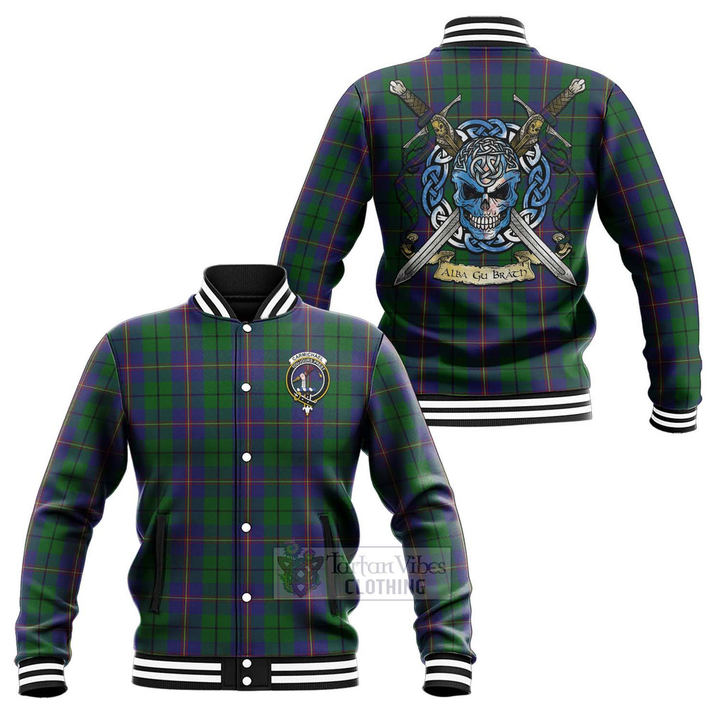 Tartan Vibes Clothing Carmichael Tartan Baseball Jacket with Family Crest Celtic Skull Style