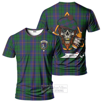 Carmichael Tartan T-Shirt with Family Crest and Bearded Skull Holding Bottles of Whiskey