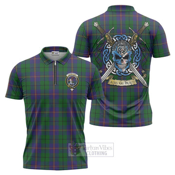 Carmichael Tartan Zipper Polo Shirt with Family Crest Celtic Skull Style