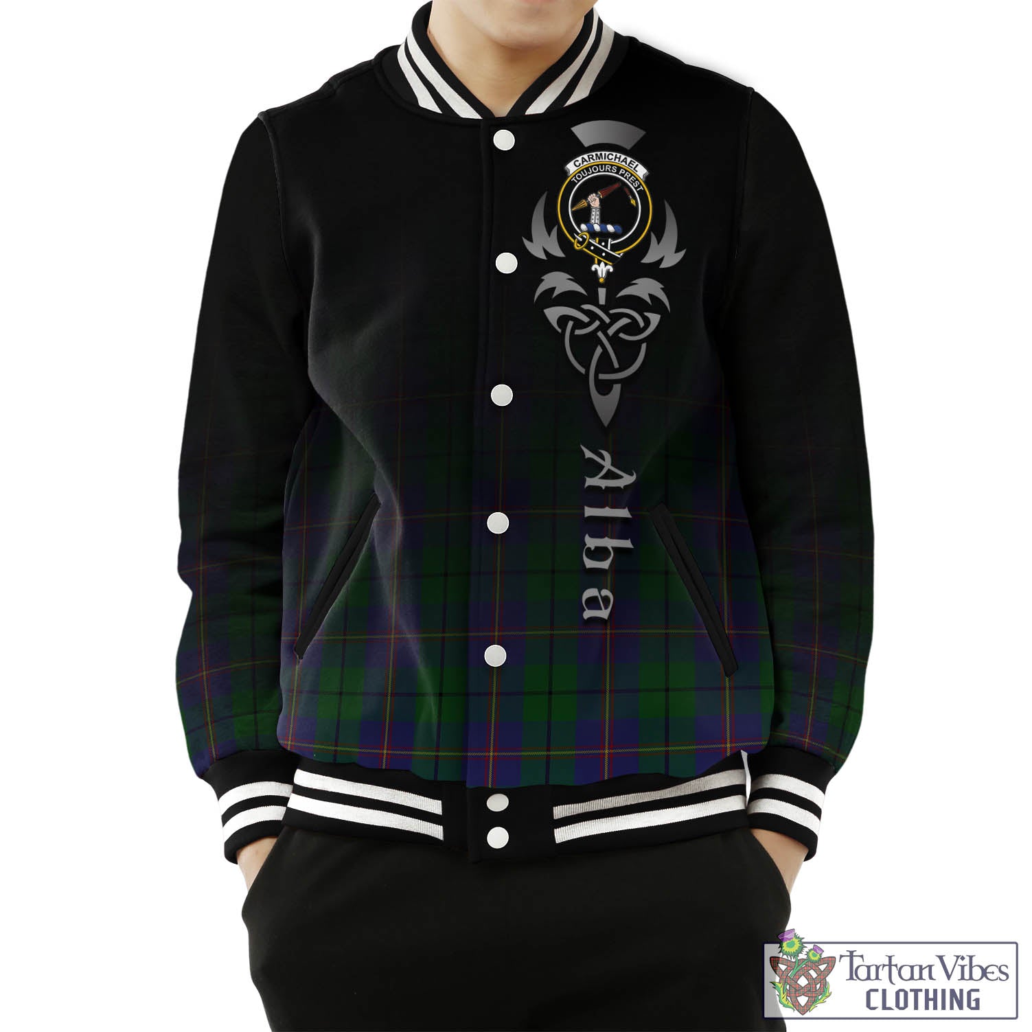 Tartan Vibes Clothing Carmichael Tartan Baseball Jacket Featuring Alba Gu Brath Family Crest Celtic Inspired