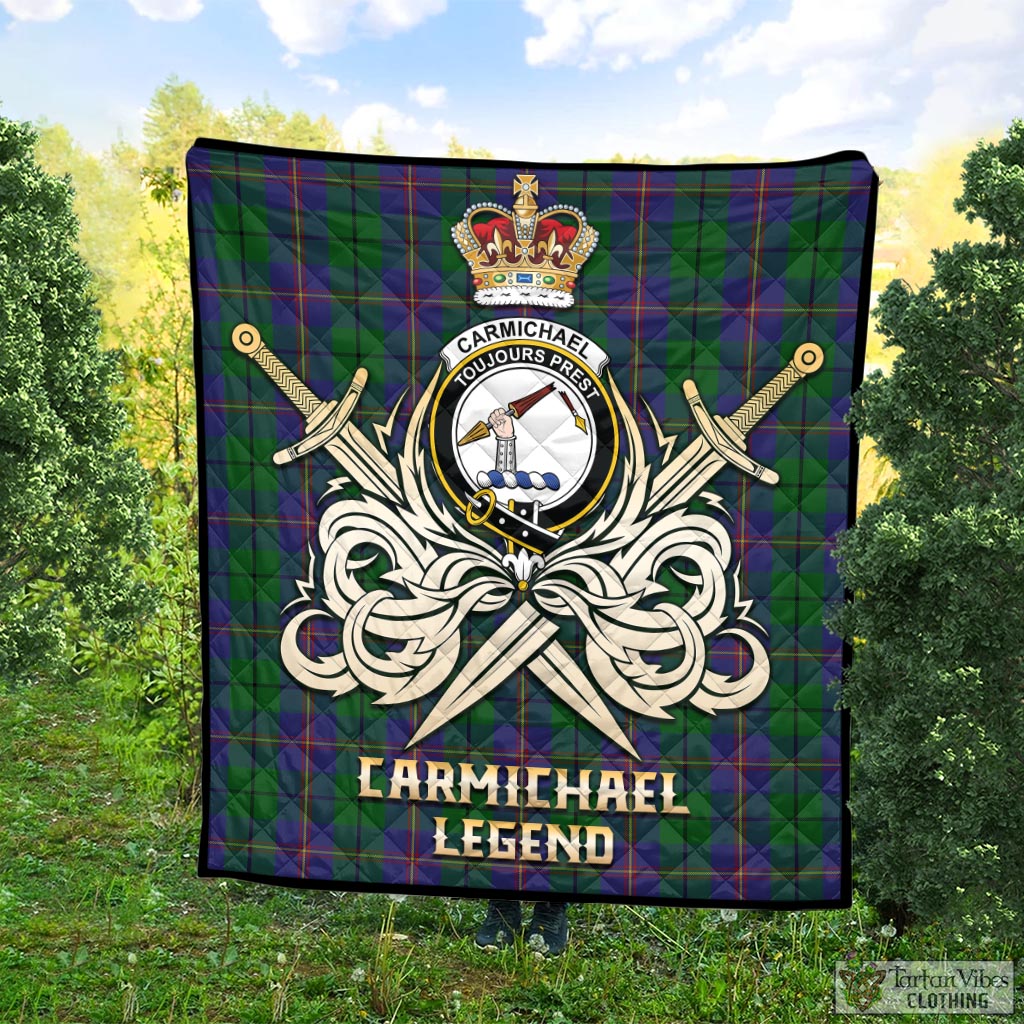 Tartan Vibes Clothing Carmichael Tartan Quilt with Clan Crest and the Golden Sword of Courageous Legacy