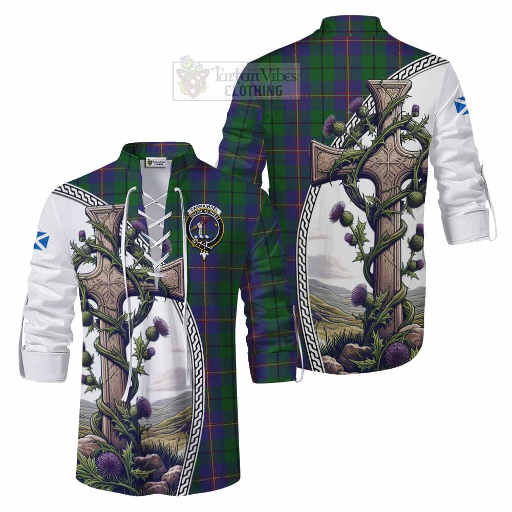 Tartan Vibes Clothing Carmichael Tartan Ghillie Kilt Shirt with Family Crest and St. Andrew's Cross Accented by Thistle Vines