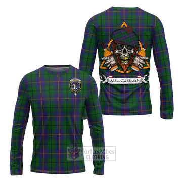 Carmichael Tartan Long Sleeve T-Shirt with Family Crest and Bearded Skull Holding Bottles of Whiskey