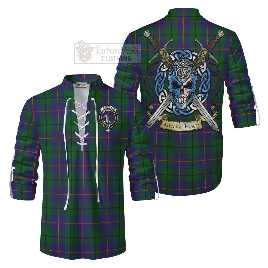 Tartan Vibes Clothing Carmichael Tartan Ghillie Kilt Shirt with Family Crest Celtic Skull Style